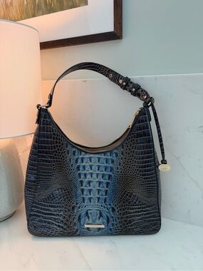 Brahmin Hobo, Dark Blue/Black Metallic Croc-Embossed Leather Shoulder Bag